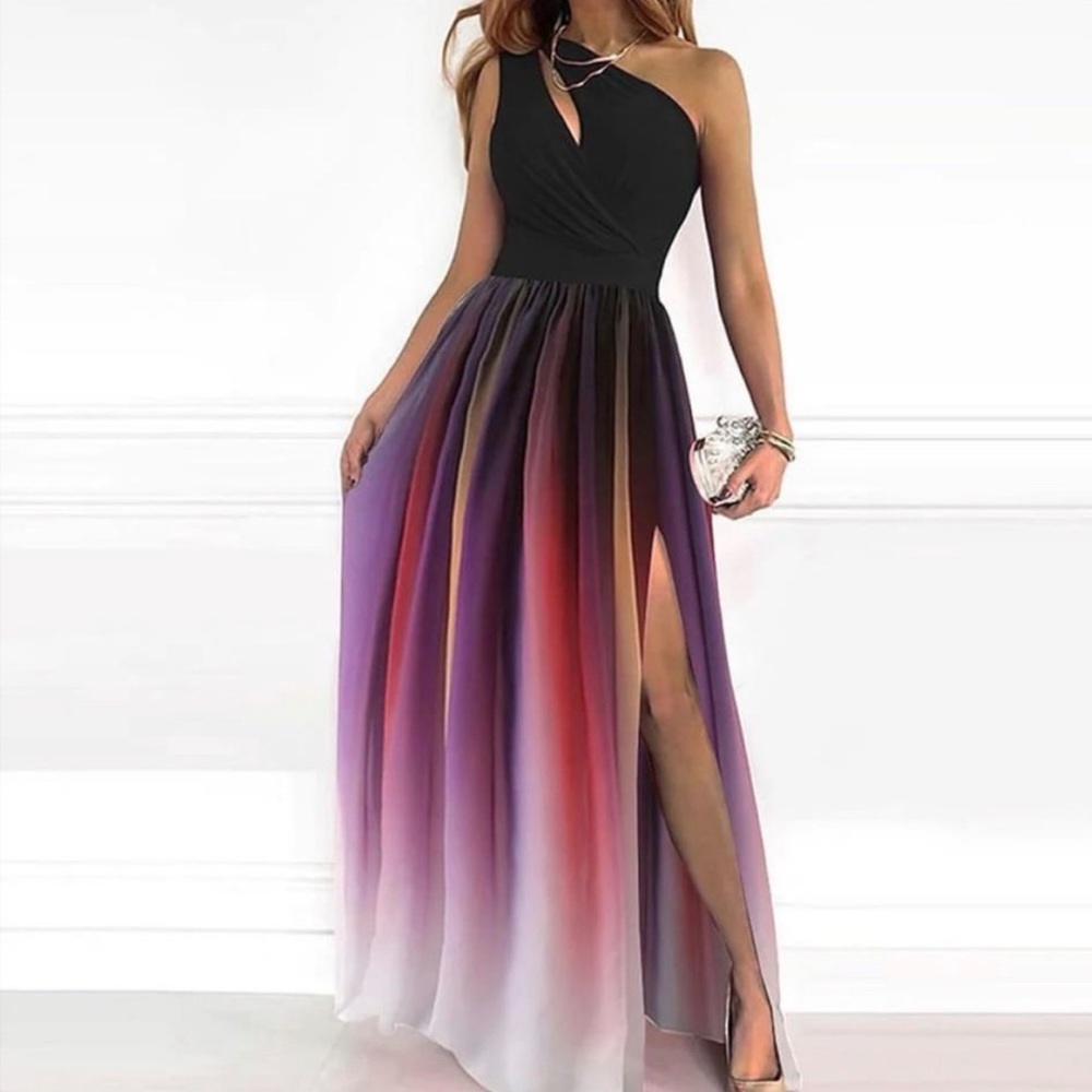 SEXY ONE SHOULDER SLEEVELESS MULTI COLORED OMBRE PINK PURPLE BLACK GOWN SZ M
